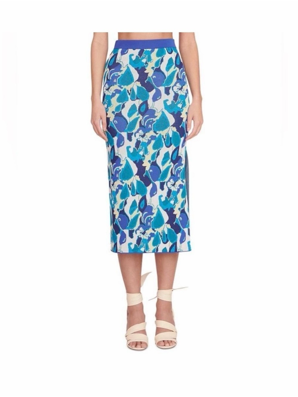 STAUD Giovanni Skirt - Blue and Teal Floral-Print Midi Skirt